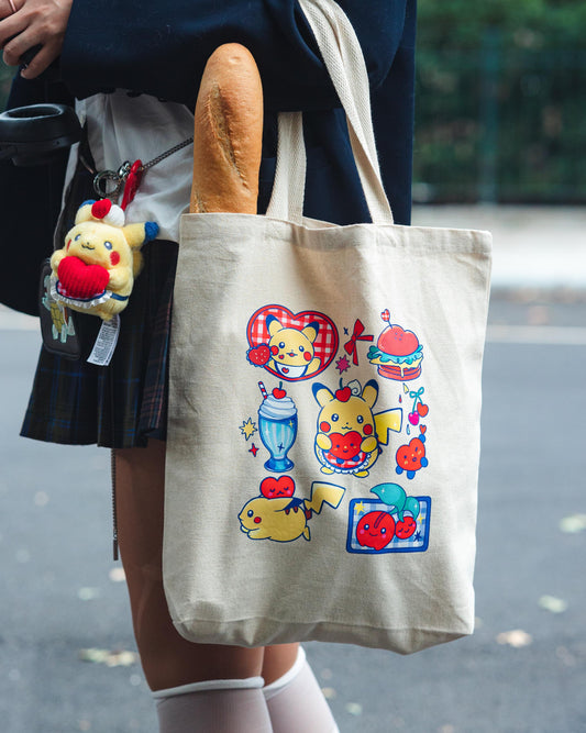 Pikachu Diner Sturdy Canvas Tote Bag| Cute Pokemon Japanese Anime Inspired 100% Cotton Bag| Kawaii Pocket Monster Milkshake Burger Retro 90s
