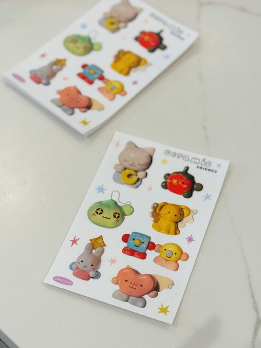 Ceramic Friends A6 Waterproof Durable Vinyl Sticker Sheet| Cute Little Guys Artwork| Perfect for Waterbottles Gifts Laptops| Animal &Friends