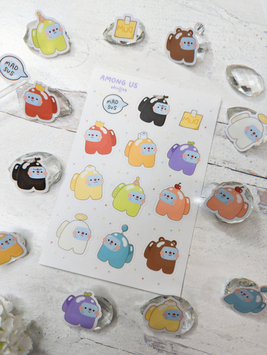 Among Us Sticker Sheet -A6 Waterproof Durable Vinyl Matte Sticker Sheet- Cute Stationery- Video Game Art Crewmate or Imposter-Mad Sus