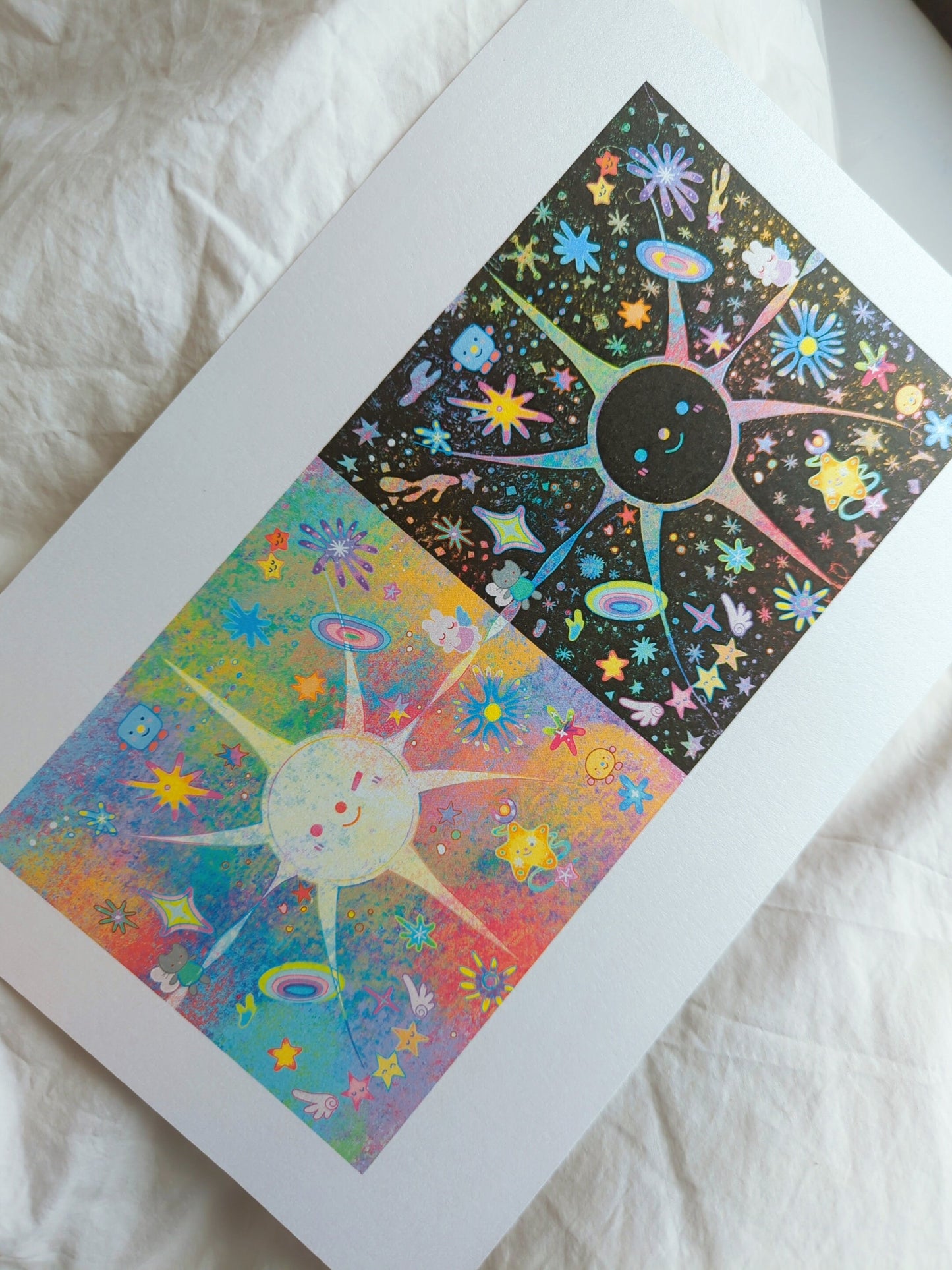 Solar Eclipse, In Totality 12x8" Pearlescent Shimmer Art Print / Moon and Sun Colorful Cosmic Phenomenons