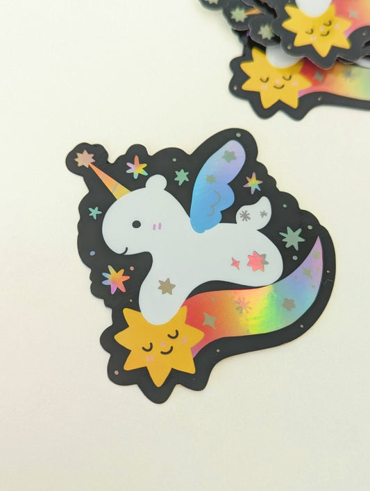 Rainbow Pegasus Holographic Sticker| Flying Unicorn with iridescent sparkles| Water-Resistant| Cute Magical Creature
