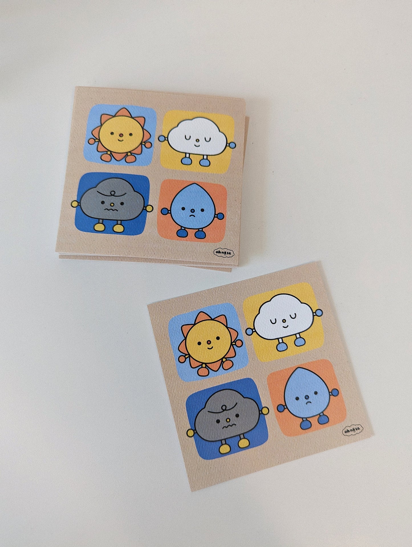 Sun & Weather Friends 4x4" MINI Art Print / Happy Sun, Peaceful Cloud, Grumpy Raincloud, and Sad Raindrop Cute Artwork