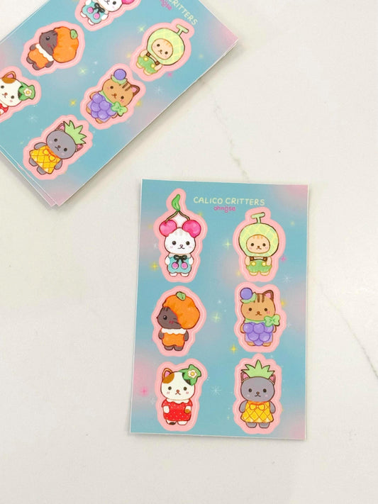 Fruit Calico Critters A6 Waterproof Durable Vinyl Sticker Sheet| Cute Animal Friends| Kawaii Sylvanian Families for Deco Laptop Water bottle