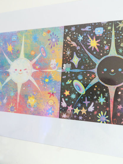 Solar Eclipse, In Totality 12x8" Pearlescent Shimmer Art Print / Moon and Sun Colorful Cosmic Phenomenons