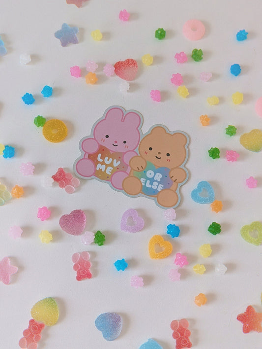 Love Me Or Else Holographic Sticker| Cute Bear and Bunny Holding Rainbow Heart| Perfect Gift for Valentines Day, Anniversary, Birthday