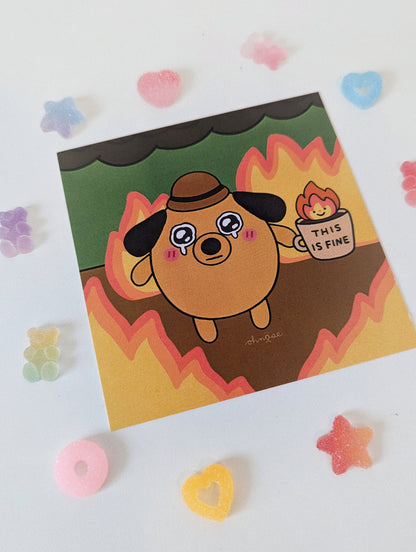 This is Fine SHIMMER 4x4 Mini Print| Meme This is Fine Dog in Burning House Decor| Funny Art Dog Print| Cute Meme