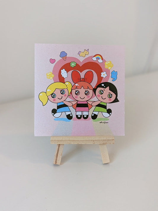 Powerpuff Girls 4x4 MINI SHIMMER Art Print| Bubble Blossoms Buttercup | 90's Design kid nostalgic cartoon| Sugar Spice & Everything Nice