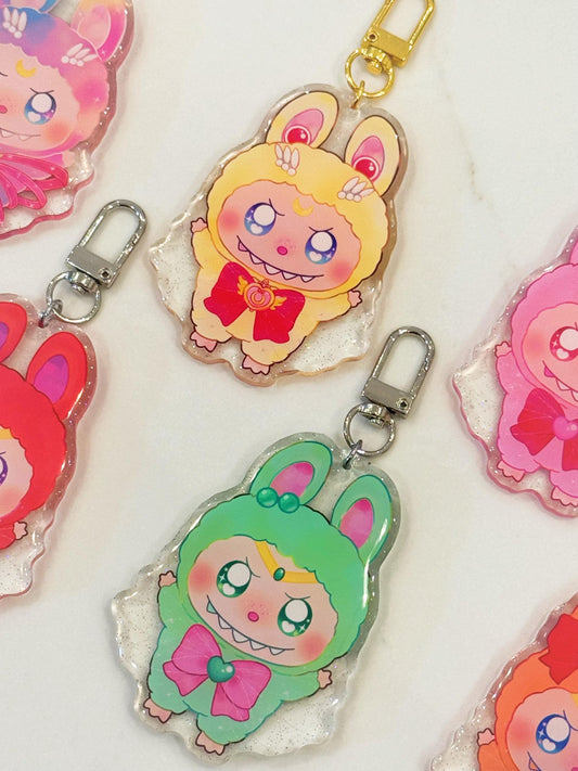 Labubu x Sailor Moon Gacha Keychain| RANDOM Lucky Draw Epoxy Glitter Charm w/ Secret| Magical Girl Kawaii Designer Collectible Bag Accessory