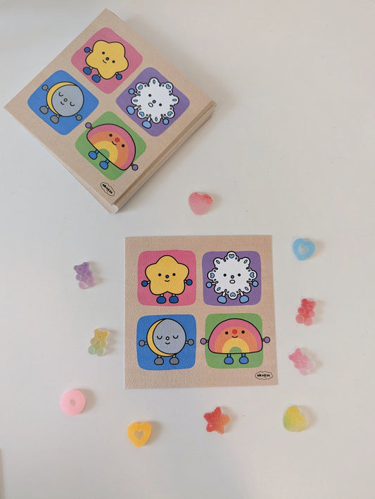 Moon & Element Friends 4x4" MINI Art Print / Star, Snowflake, Moon, and Rainbow Cute Artwork