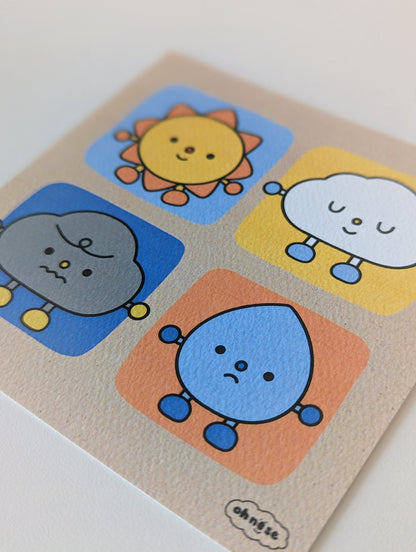 Sun & Weather Friends 4x4" MINI Art Print / Happy Sun, Peaceful Cloud, Grumpy Raincloud, and Sad Raindrop Cute Artwork