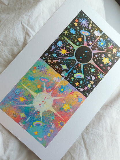 Solar Eclipse, In Totality 12x8" Pearlescent Shimmer Art Print / Moon and Sun Colorful Cosmic Phenomenons