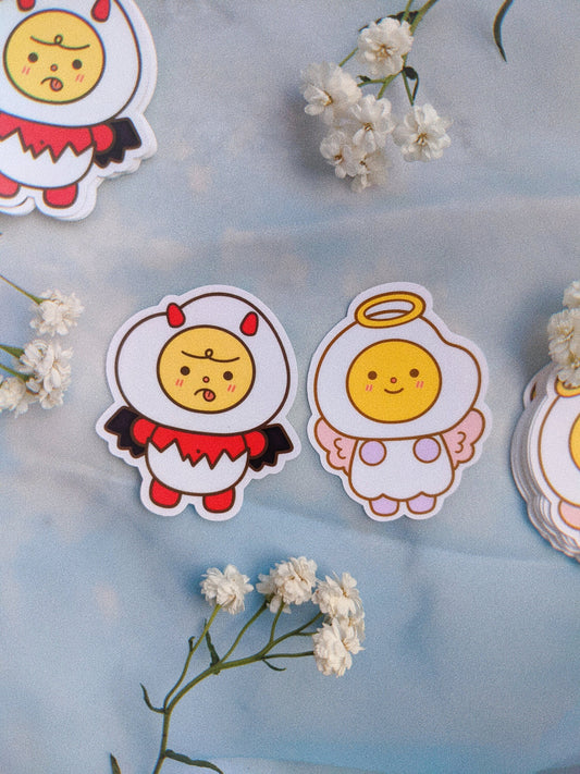 Deviled Egg and Egg Cute Angel Matte Weatherproof Sticker| Don the Deviled Egg| Eggu the Cute Angel| Laptop, iPad, Bottle Eggie Sticker