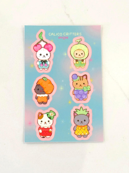 Fruit Calico Critters A6 Waterproof Durable Vinyl Sticker Sheet| Cute Animal Friends| Kawaii Sylvanian Families for Deco Laptop Water bottle