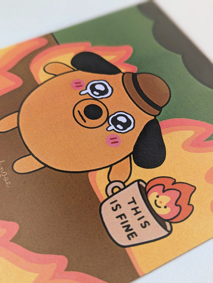 This is Fine SHIMMER 4x4 Mini Print| Meme This is Fine Dog in Burning House Decor| Funny Art Dog Print| Cute Meme