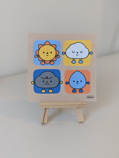 Sun & Weather Friends 4x4" MINI Art Print / Happy Sun, Peaceful Cloud, Grumpy Raincloud, and Sad Raindrop Cute Artwork
