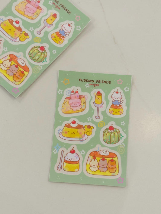 Pudding Friends A6 Durable Waterproof Vinyl Sticker Sheet| Cute Sweets Illustration & Little Guys Artwork| Waterbottles Gifts Laptops
