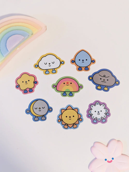 Mixed Emotions Weather & Celestial Friends Stickers| Sun, Moon, Star, Raindrop, Grumpy + Peaceful Cloud, Rainbow, Snowflake| Metallic Matte