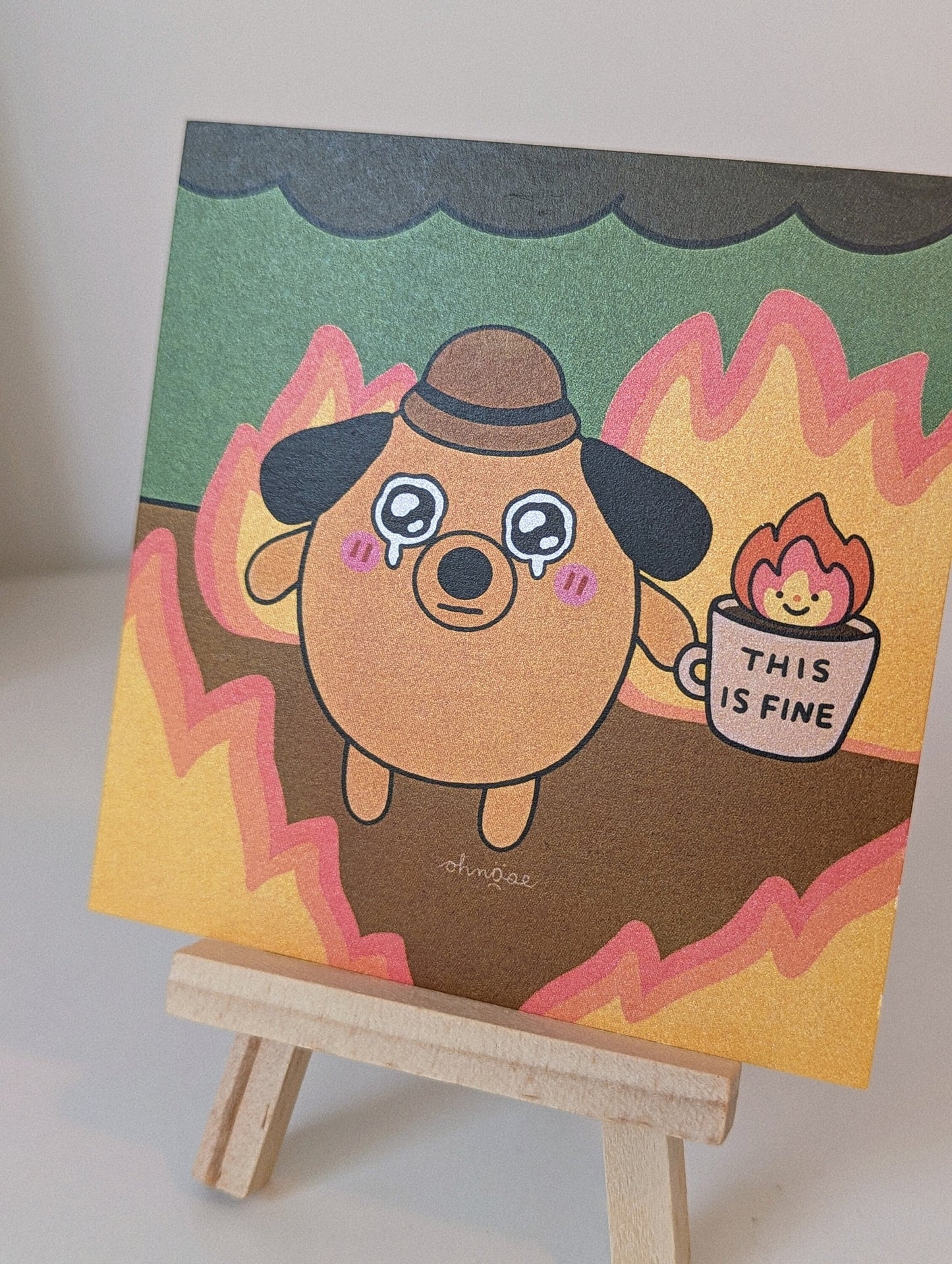 This is Fine SHIMMER 4x4 Mini Print| Meme This is Fine Dog in Burning House Decor| Funny Art Dog Print| Cute Meme